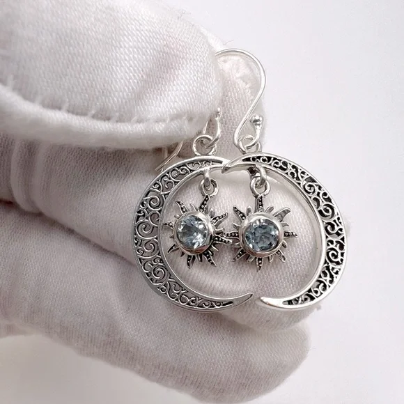 Genuine Blue Topaz .925 Sterling Silver Moon and Sun Earrings - Picture 3 of 14